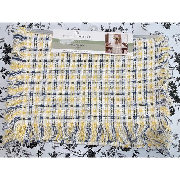 Room and Retreat NWT Table Runner 100% Cotton 14in x 72in Knit Plaid Yellow Blue - Picture 2 of 6